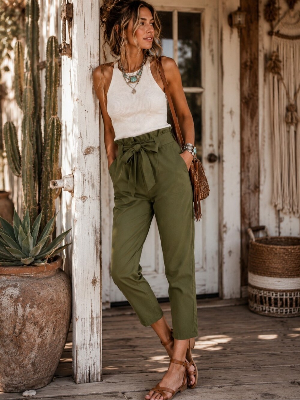 GRACE KARIN High Waisted Paperbag Tie Waist Cropped Pants Olive Green Small NWT
